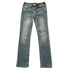 True Religion Billie Mid Rise Straight Jeans Pink/Gold Stitching Size 29